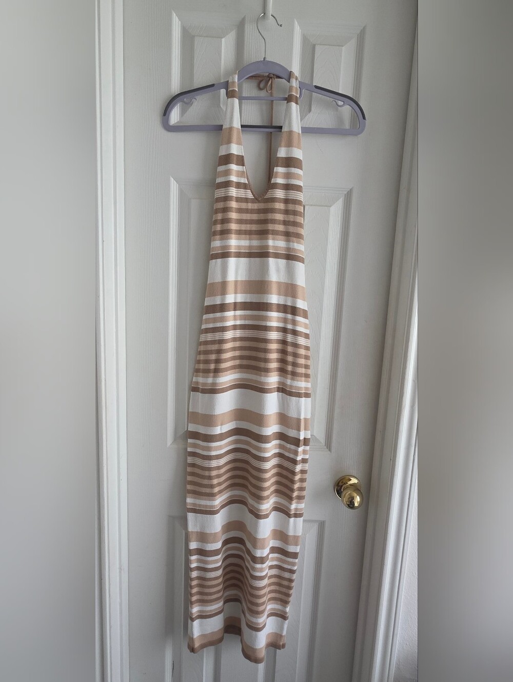 Meshki Halter Sleeveless Knit Striped Maxi Dress in Beige and White